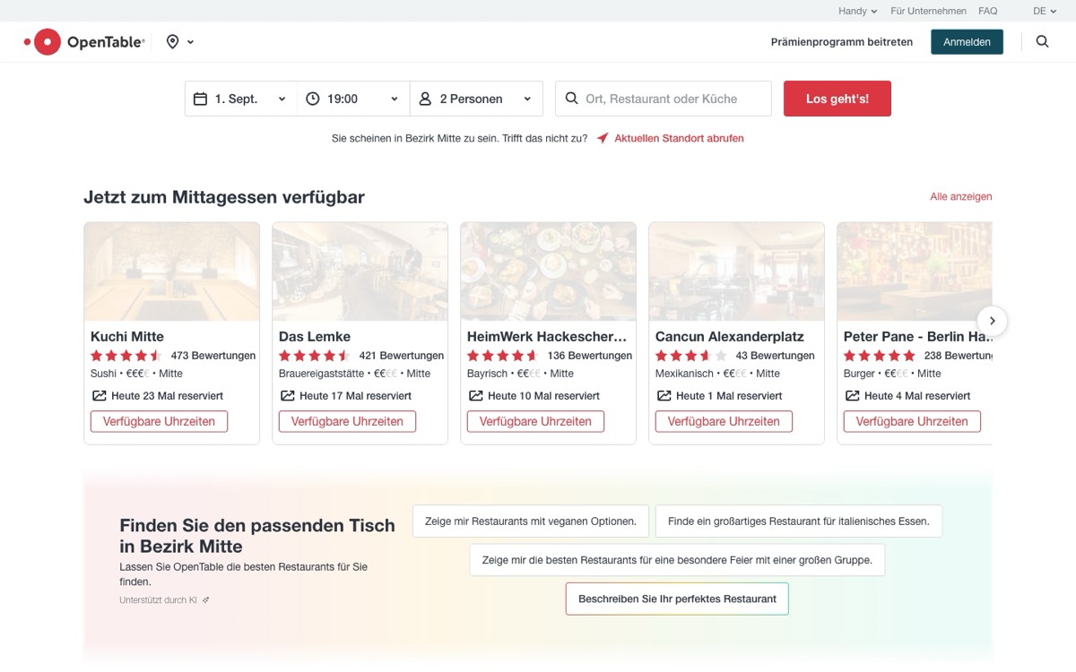 Website von OpenTable